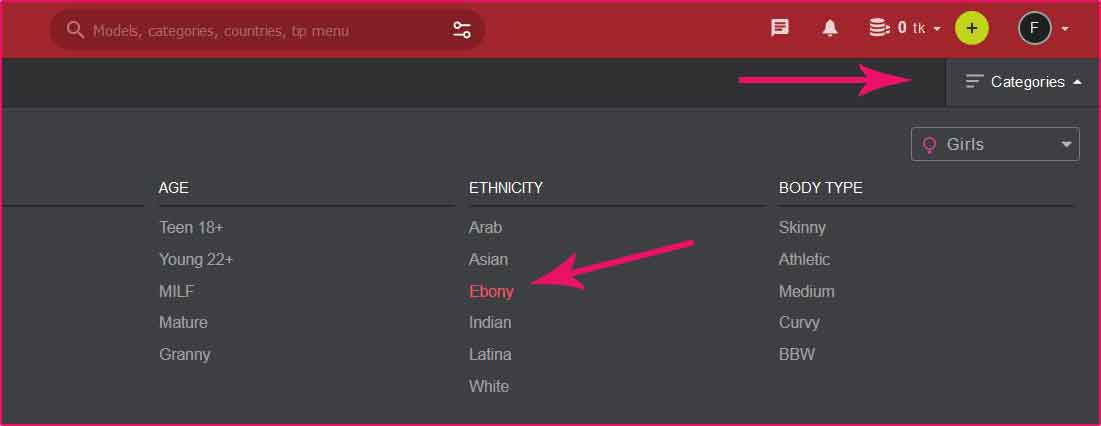 Ebony StripChat categories